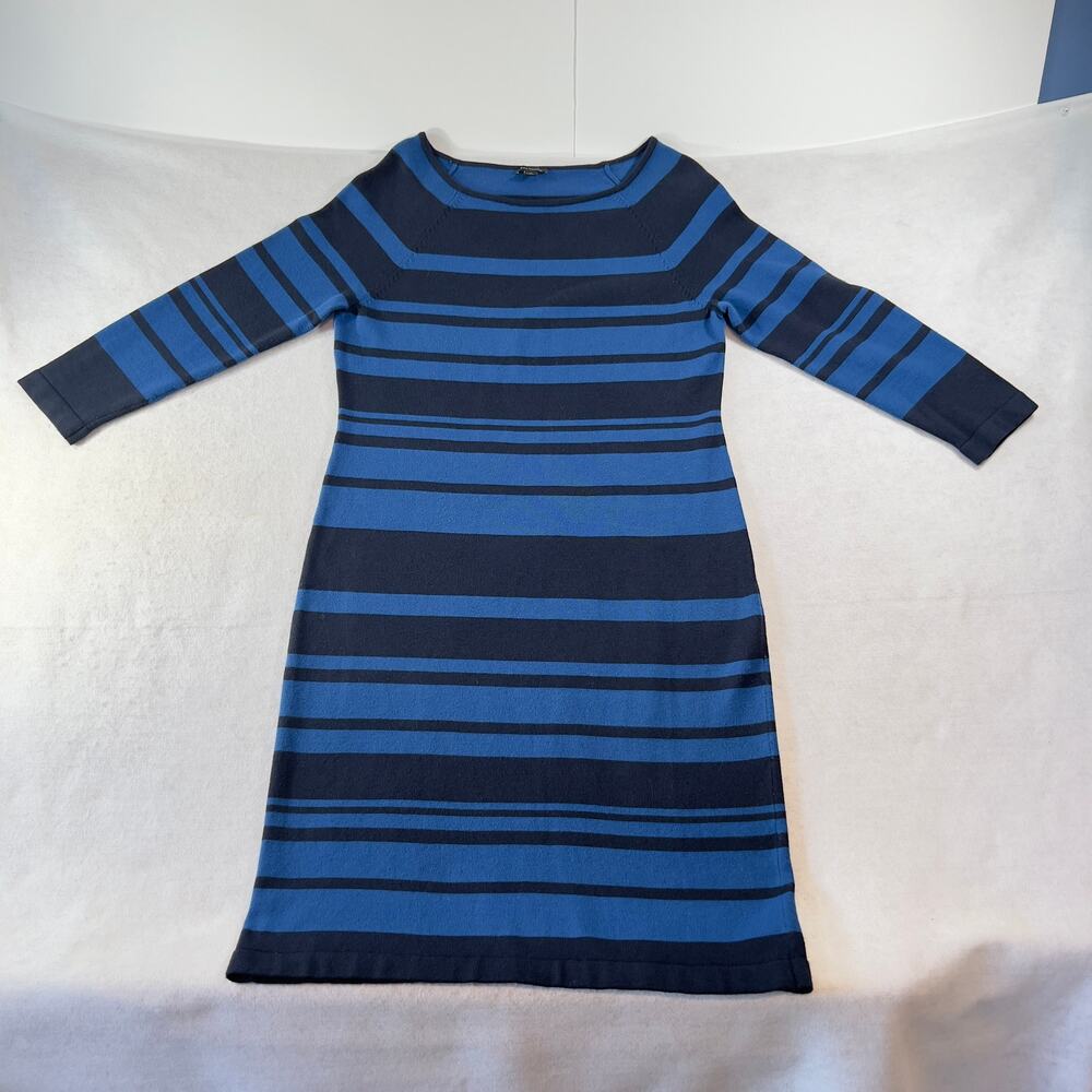 Ann Taylor Knit Dress Just Above the Knee Woman S Blue Stripe Gold Button Detail